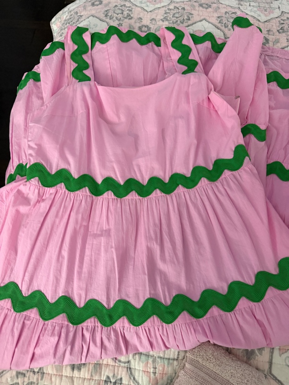 Women's Pink Maxi Dress with Green Trim - Sleeveless Summer Tiered Gown - Picture 3 of 8